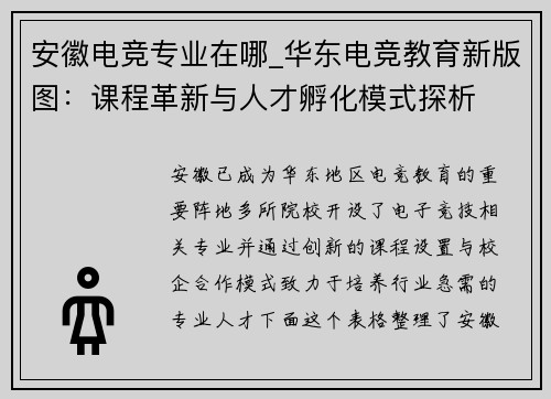 安徽电竞专业在哪_华东电竞教育新版图：课程革新与人才孵化模式探析